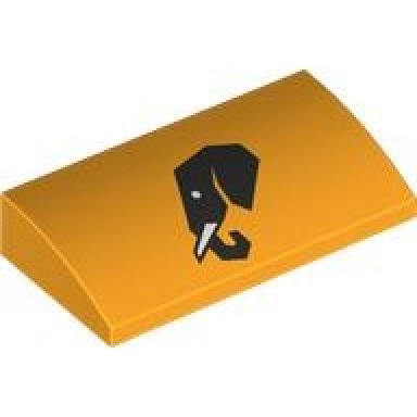 bright light orange slope curved 2 x 4 x 2 3 with bottom tubes with black elephant head profile with white eye and tusk pattern