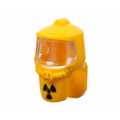 bright light orange minifigure headgear hood hazard suit with trans-clear face shield and black radioactivity warning pattern