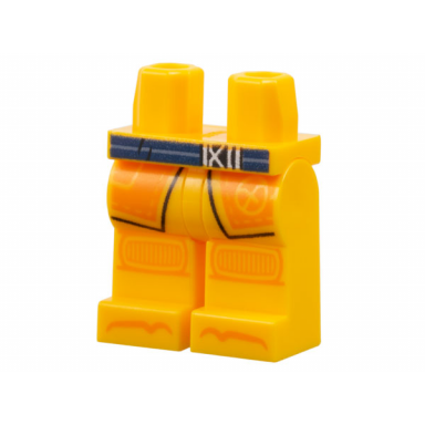 bright light orange hips and legs with dark blue belt with black and silver buckle orange robe ends knee pads and toes ninjago logogram letter a pattern