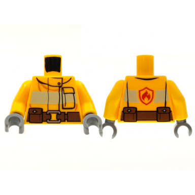 bright light orange torso fire suit with stripe and brown utility belt and fire logo on back pattern bright light orange arms dark bluish gray hands