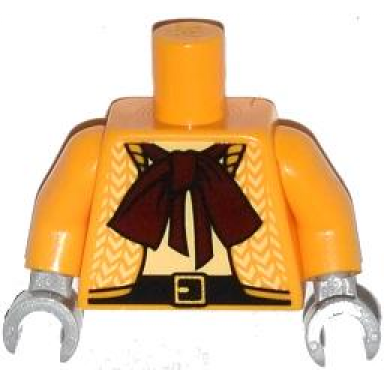 bright light orange torso female open herringbone jacket dark red bow tie scarf black belt with gold buckle pattern bright light orange arms light bluish gray hands