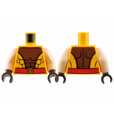 bright light orange torso muscles outline with dark brown center and red belt with x-men logo buckle pattern light nougat arms dark brown hands