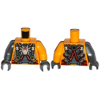 bright light orange torso armor with straps and spiders on front and back pattern bright light orange arm left flat silver arm right dark bluish gray hands