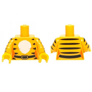 bright light orange torso female outline with white chest black tiger stripes and belt pattern bright light orange arms with 5 black stripes pattern yellow hands