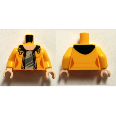 bright light orange torso female jacket open with dark blue hood over light bluish gray shirt and light nougat neck pattern bright light orange arms light nougat hands