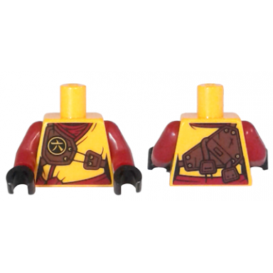 bright light orange torso ninjago robe with dark red undershirt and sash dark brown armor with ninjago logogram amber pattern dark red arms black hands