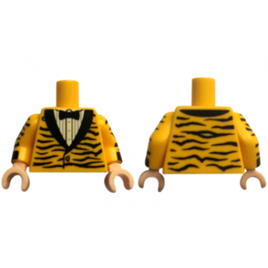 bright light orange torso tuxedo jacket with black animal stripes and lapels over white shirt with buttons and pleats bow tie pattern bright light orange arms with black animal stripes and cuffs pattern light nougat hands