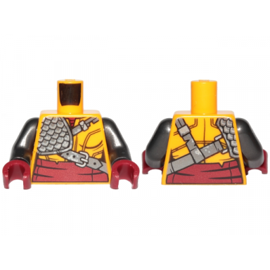 bright light orange torso ninjago female robe with dark red undershirt and sash and silver scale armor pattern pearl dark gray arms dark red hands