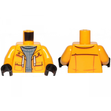 bright light orange torso sand blue turtleneck sweater and raincoat with white laces pattern bright light orange arms black hands