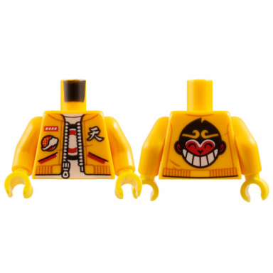 bright light orange torso jacket with zipper white t-shirt with black and red circles and monkey king on back pattern bright light orange arms yellow hands