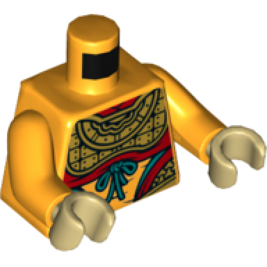 bright light orange torso armor with red and dark turquoise trim laces and midriff showing pattern monkey king bright light orange arms tan hands