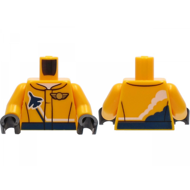 bright light orange torso jacket with dark blue stripe airplane and gold logo pin pattern bright light orange arms black hands