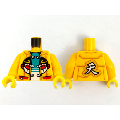 bright light orange torso jacket with monkie kid logo dark turquoise and white shirt chinese logogram å¤© sky pattern bright light orange arms yellow hands