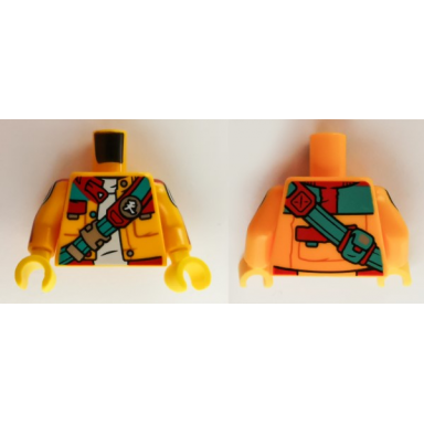bright light orange torso jacket with pockets white shirt dark turquoise and red strap with chinese logogram å¤© sky button pattern bright light orange arms with red stripes and black and white targets pattern yellow hands