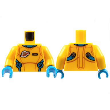 bright light orange torso spacesuit dark azure neck and straps classic space logo silver pin pattern bright light orange arms dark azure hands