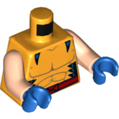 bright light orange torso muscles outline with black marks on sides red belt with x-men logo buckle pattern light nougat arms blue hands