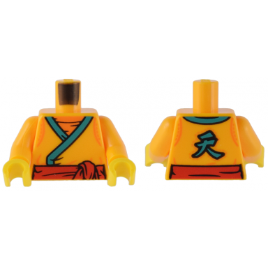bright light orange torso robe with dark turquoise trim red sash and chinese logogram å¤© heavens on back pattern bright light orange arms yellow hands