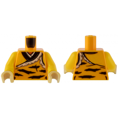 bright light orange torso robe with black animal stripes and white fur trim pattern yellow arms tan hands