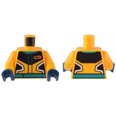 bright light orange torso racing jacket black and white panels dark turquoise collar and belt and orange name tag pattern bright light orange arms dark blue hands