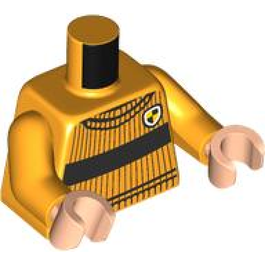 bright light orange torso quidditch jumper ribbed with black stripes and hufflepuff crest pattern bright light orange arms light nougat hands