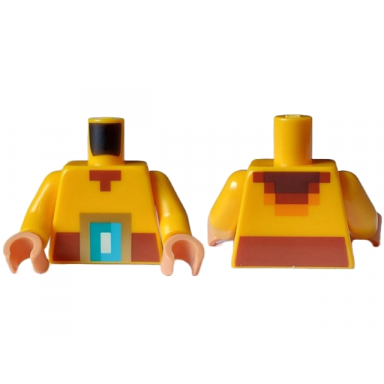 bright light orange torso pixelated shirt with reddish brown belt with gold dark turquoise medium azure and white buckle pattern bright light orange arms nougat hands