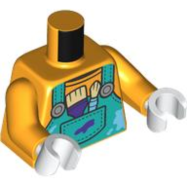 bright light orange torso dark turquoise overalls with silver buttons dark purple and medium azure paint brushes with tan bristles pattern bright light orange arms white hands