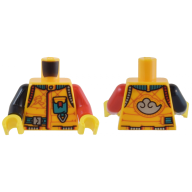 bright light orange torso scuba suit with dark turquoise collar pocket and strap silver and red trim cloud emblem on back pattern red arm left black arm right yellow hands