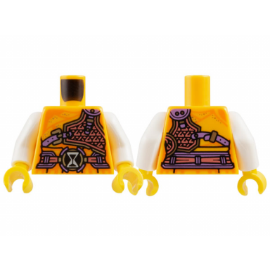 bright light orange torso robe with orange lines medium lavender coral and silver outlined armor and belt with black buckle with white outlined hourglass pattern white arms yellow hands