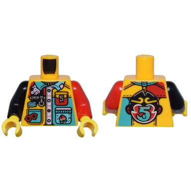 bright light orange torso shirt with collar buttons pockets red glasses zipper and monkie kid logo with number 5 pattern red arm left black arm right yellow hands