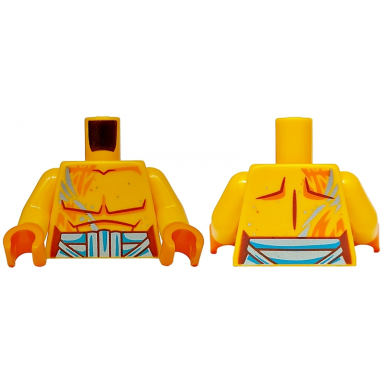 bright light orange torso bare chest reddish brown muscles and stomach outline dark azure and metallic light blue belt pattern bright light orange arms orange hands