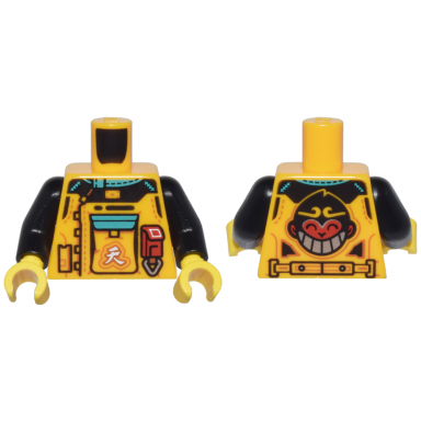 bright light orange torso racing suit dark turquoise trim large pocket with chinese logogram å¤© sky and monkie kid logo pattern black arms yellow hands