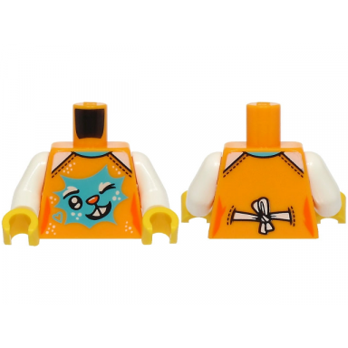 bright light orange torso female shirt with medium azure heart and winking bunny face with orange nose white bow on back pattern bam white arms yellow hands