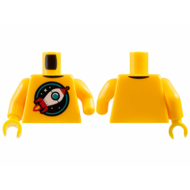bright light orange torso red and white retro space rocket in black and dark turquoise circle with stars pattern bright light orange arm left with congenital defect without hand hole bright light orange arm right yellow hand right