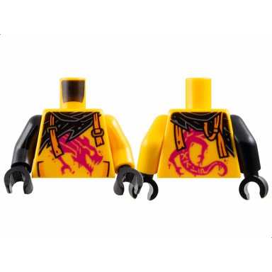 bright light orange torso shirt with pockets and painted magenta dragon black tattered scarf orange broken suspenders with gold slides pattern bright light orange arm left black arm right black hands