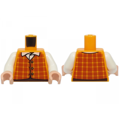 bright light orange torso plaid vest with dark red lines and gold buttons over white shirt with collar dark brown pants pattern white arms light nougat hands