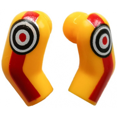 bright light orange arm matching left and right pair with red stripes and black and white targets pattern