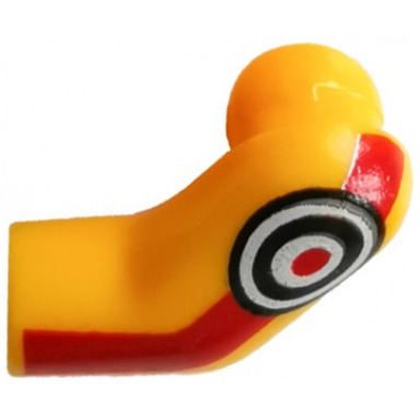 bright light orange arm left with red stripe and black and white target pattern