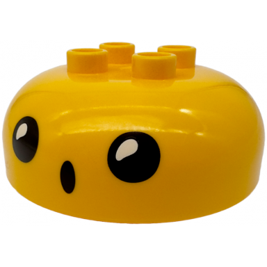 bright light orange duplo brick round 4 x 4 dome top with 2 x 2 studs with face with large black eyes and open mouth pattern