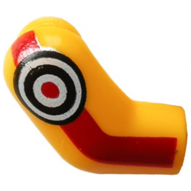 bright light orange arm right with red stripe and black and white target pattern