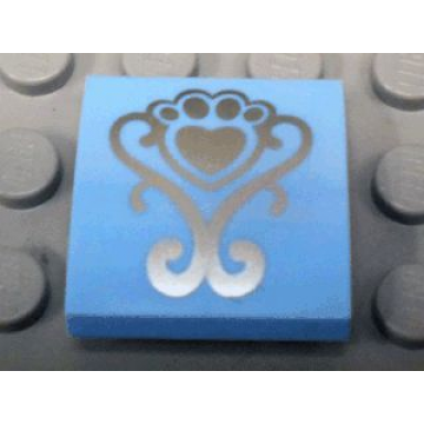 bright light blue slope curved 2 x 2 x 2 3 with silver fancy scroll and heart shaped paw pattern
