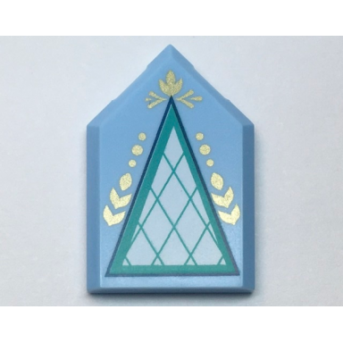 bright light blue tile modified 2 x 3 pentagonal with white and dark turquoise triangle and gold highlights pattern