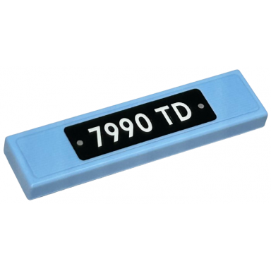 bright light blue tile 1 x 4 with white 7990 td and 2 silver screws on black background pattern sticker - set 76424