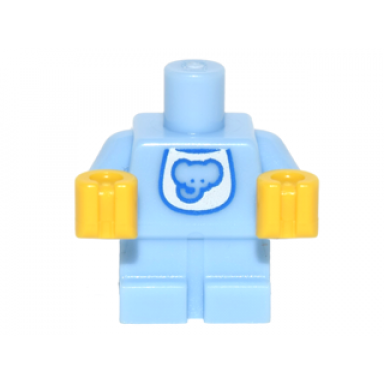 bright light blue body baby toddler with fixed arms with molded yellow hands and printed white bib with elephant head pattern