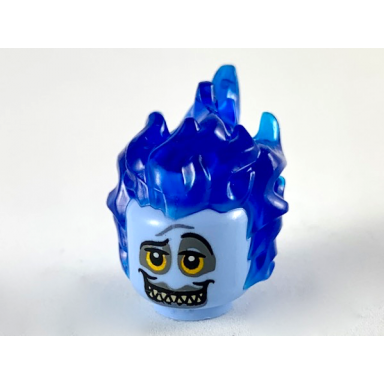 bright light blue minifigure head modified with molded trans-dark blue flaming hair and printed bright light orange eyes with dark bluish gray rings sharp teeth pattern hades