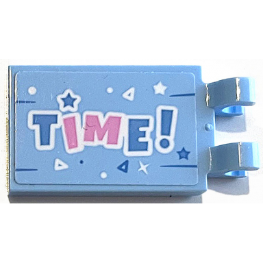 bright light blue tile modified 2 x 3 with 2 open o clips with medium blue and bright pink time! and white stars triangles dots and lines pattern sticker - set 41453
