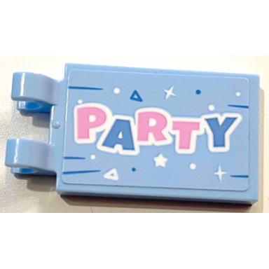 bright light blue tile modified 2 x 3 with 2 open o clips with medium blue and bright pink party and white stars triangles dots and lines pattern sticker - set 41453