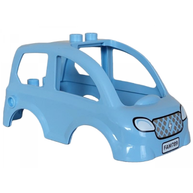 bright light blue duplo car body high cab 2 top studs 1 side stud with silver grille white headlights and lightning bolt fam789 pattern