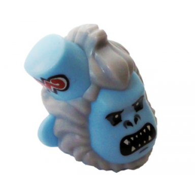 bright light blue minifigure head modified monkey with hat with molded light bluish gray fur and printed bared teeth pattern