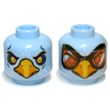 bright light blue minifigure head dual sided alien chima eagle with beak yellow eyes orange goggles pattern