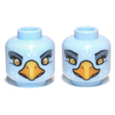 bright light blue minifigure head dual sided alien chima eagle with yellow eyes sand blue eye shadow bright light orange beak and white feathers wide narrow eyes pattern